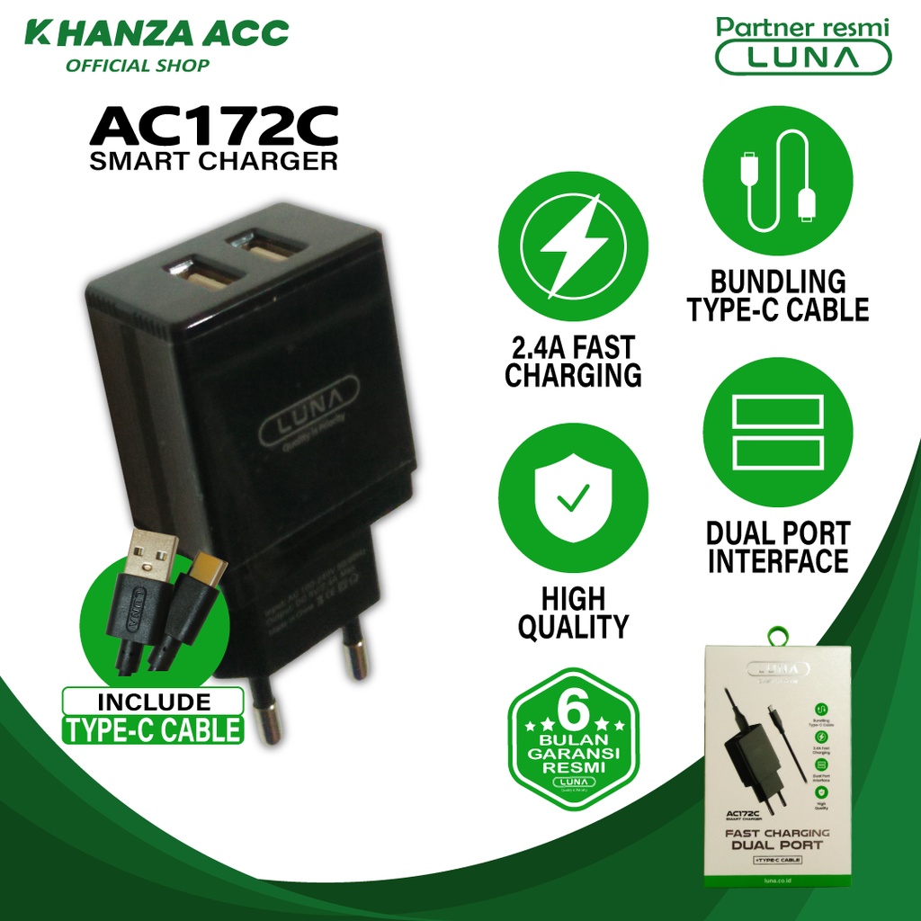 KHANZAACC Charger LUNA AC172M / AC172C Dual Output 2.4 Fast Charging Original