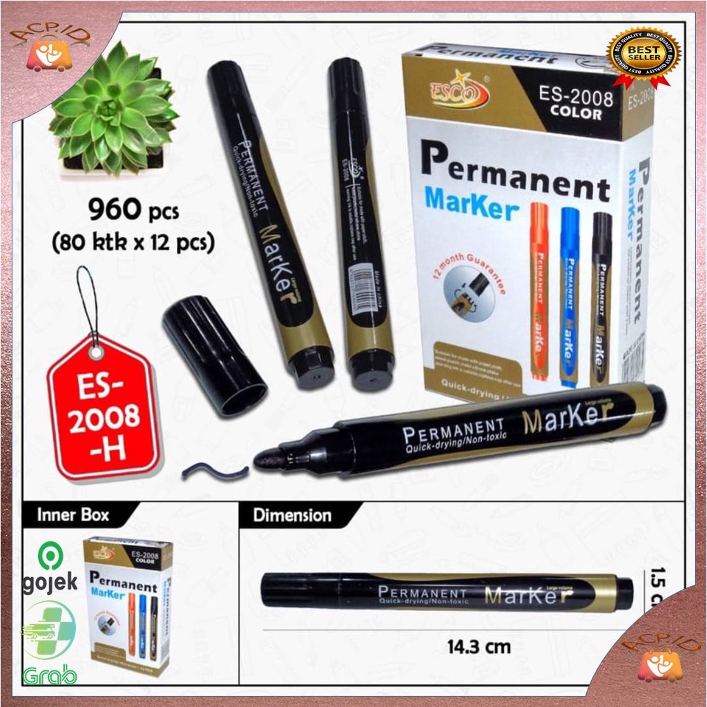 

{ACP.ID} SPIDOL MARKER PERMANENT HITAM / SPIDOL PERMANEN MARKER ESCO ES-2008 WARNA HITAM