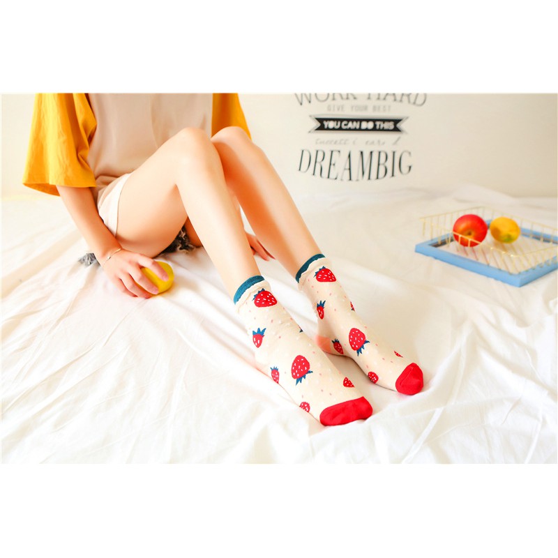 KK-54 kaos kaki wanita motif orange strawberry fruits cotton socks import jepang