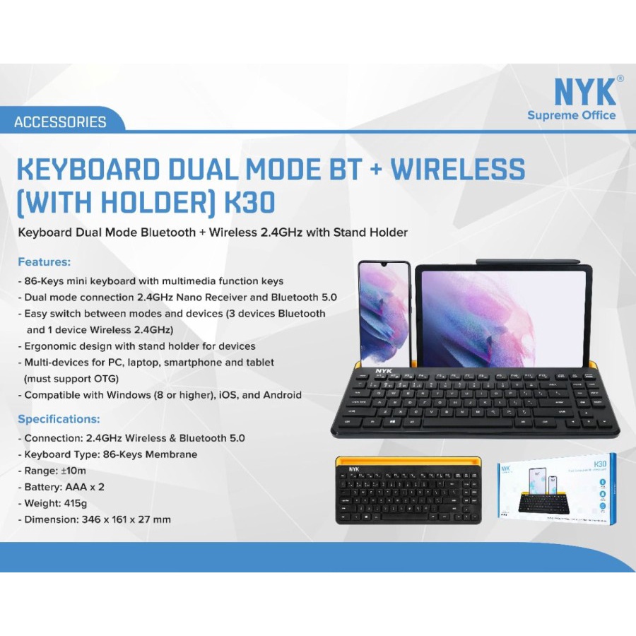 NYK K30 Keyboard Dual Mode Bluetooth + Wireless with Holder HP Tablet