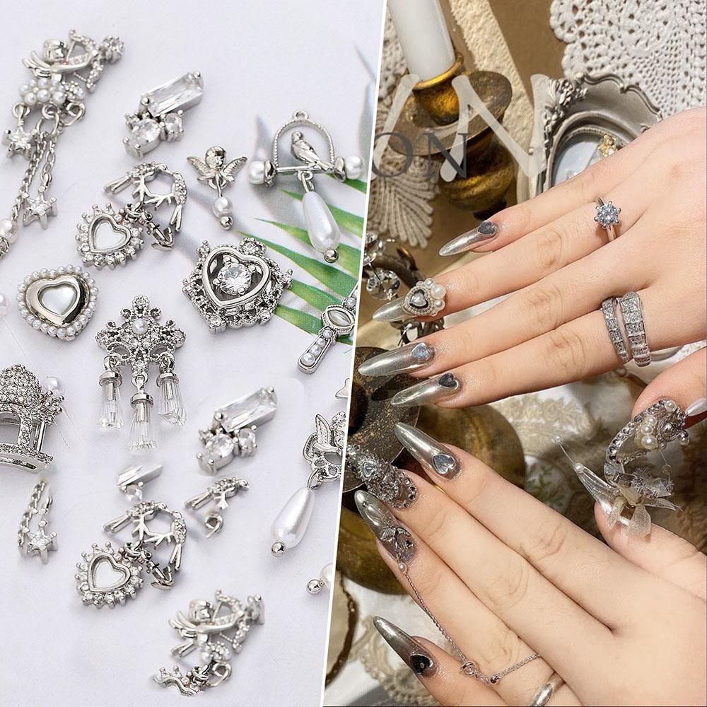 AUGUSTINA Agustinina Perhiasan Kuku Logam Keperakan Manicure Alat Payet DIY Mewah Zirkon Fashion Rantai