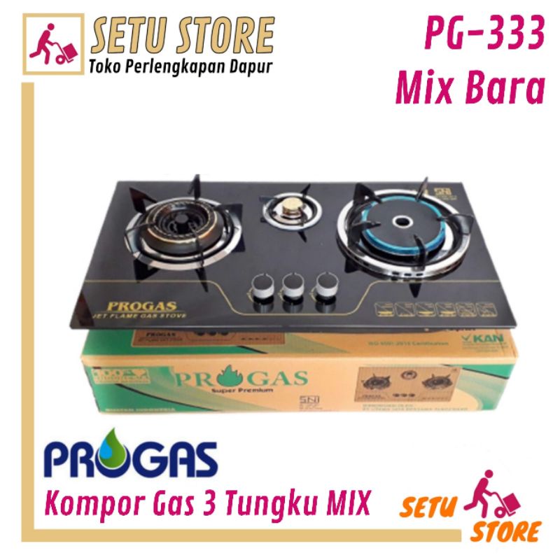 PROGAS PG-333 Mix Bara Kompor 3 Tungku Kompor Tanam Kaca Gas LPG Desain Mewah Kaca Tempered Glass Te