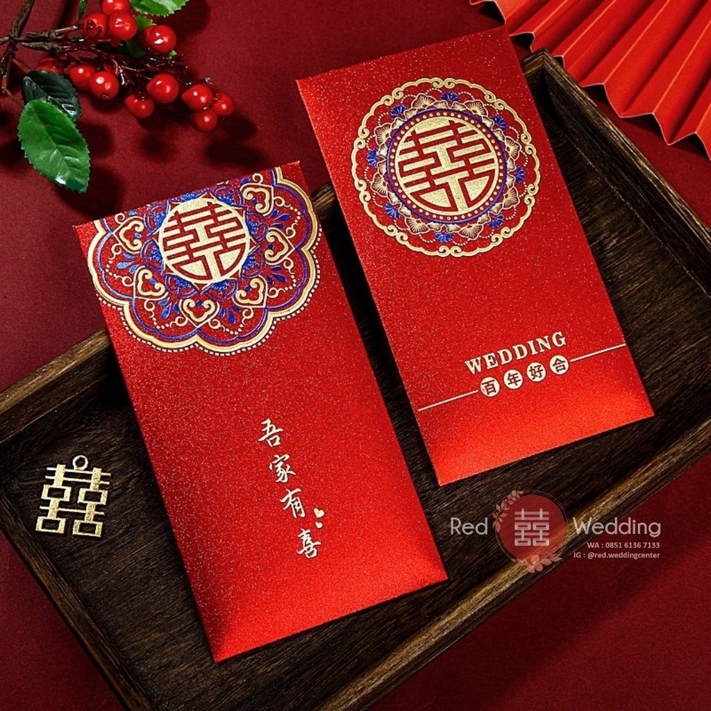 Kantong Amplop Angpao Wedding PREMIUM GLITTER Logo Xi Merah Design Aesthetic Mewah Angpau