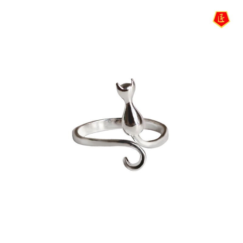 [Ready Stock]Cute Cat Kitten Tail S925 Silver Ring Women's Creative Arts Temperament