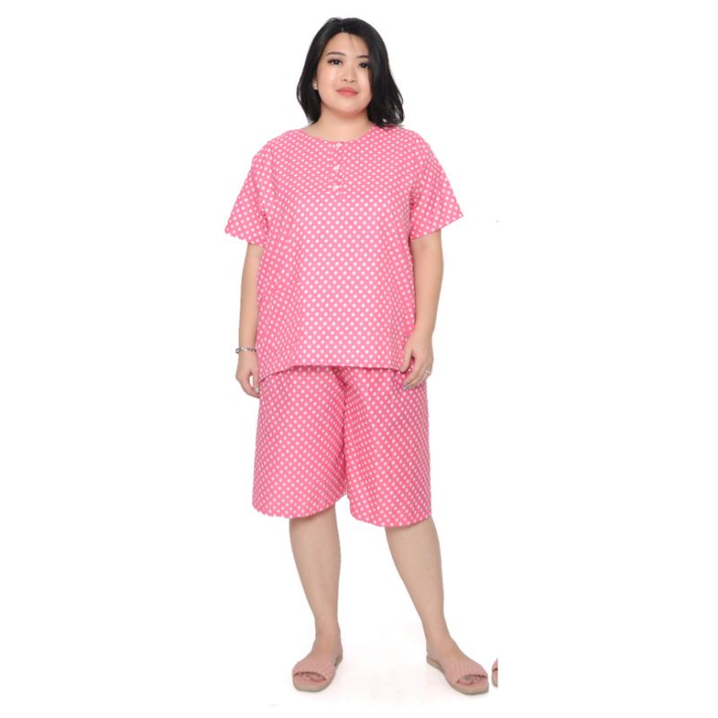 Dtree . Piyama stelan pendek jumbo katun eropa polos baju tidur kancing depan Ld 120 cm-Polkadot pink