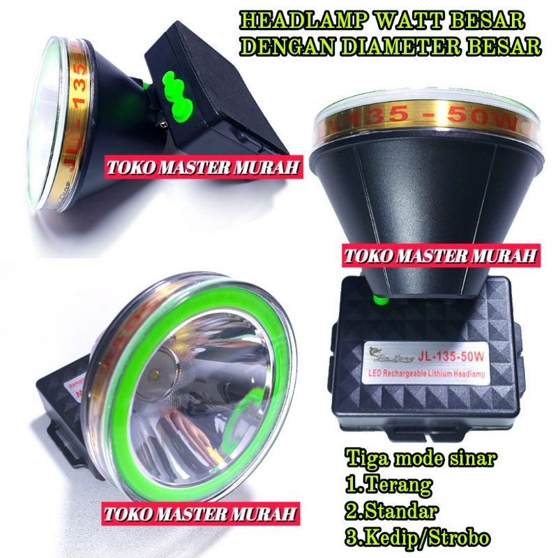 HEADLAMP 50W SENTER KEPALA UKURAN BESAR CAHAYA SINAR PUTIH JL135 LED TERANG