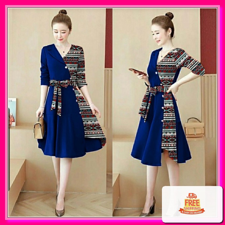 Dress Vintage Korean Dress Zefanya Korean Outfit Drees Korea Ala  HL538  Rainsa Batik - Navy D