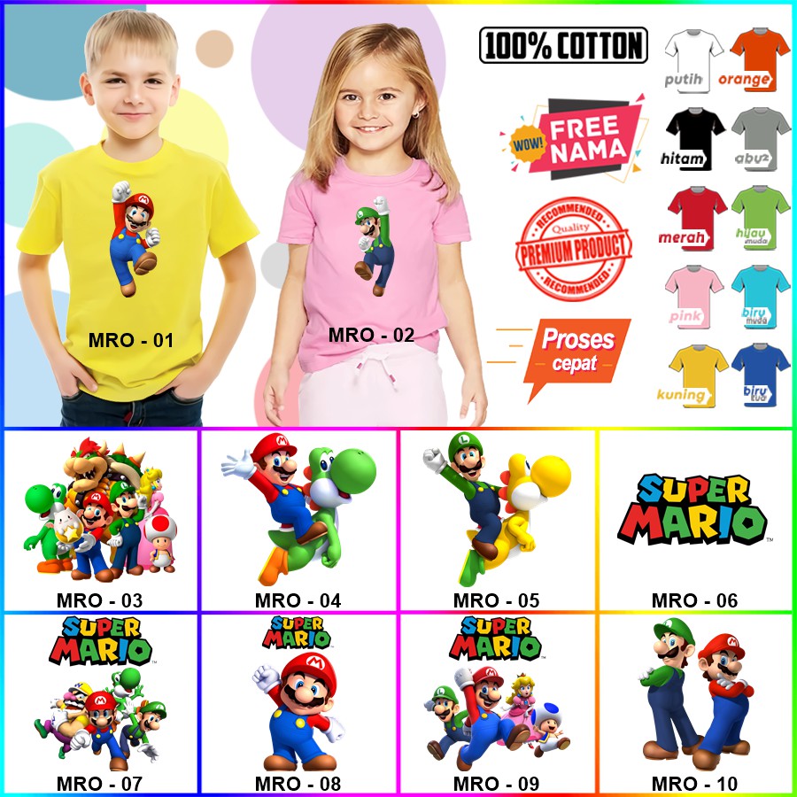 Baju Kaos ANAK DAN DEWASA MARIO COUPLE (FREE NAMA)