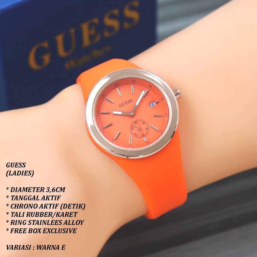 (FREE BOX) JAM TANGAN WANITA GUESS TALI RUBBER BODY BULAT TANGGAL &amp; CHRONO AKTIF