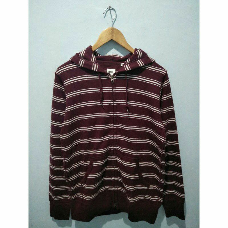 jaket zipper hoodie uniqlo second original garis2 stripe merah maroon