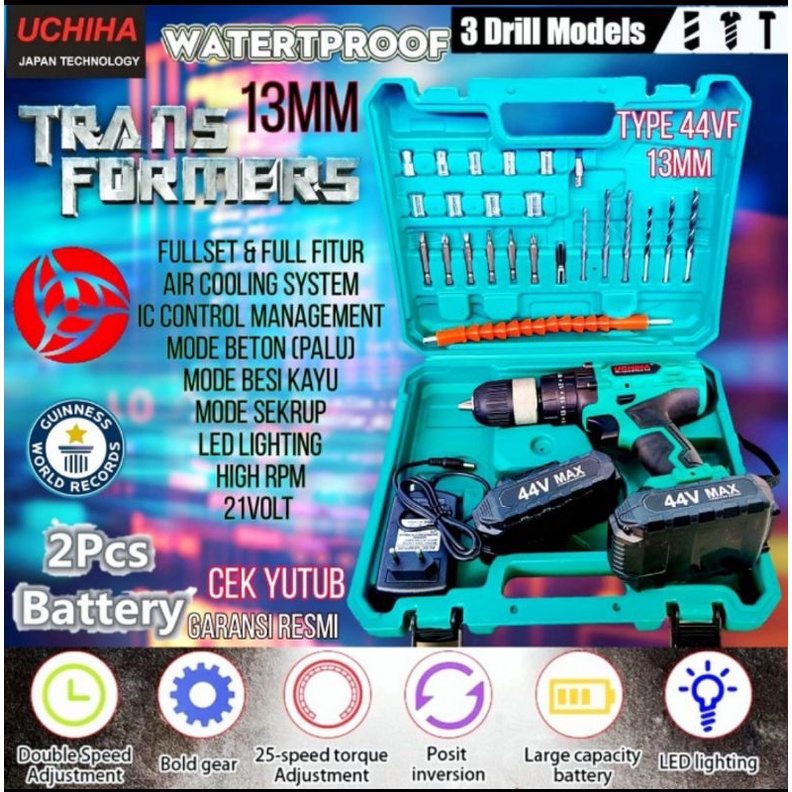 Mesin bor batrai cordless 13mm 44v Uchiha impact drill beton