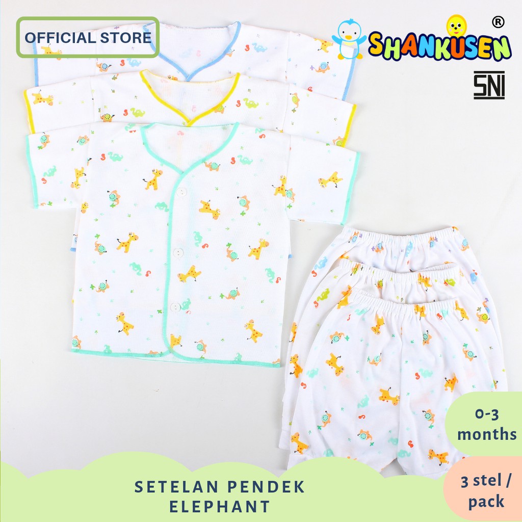 Setelan Baju  Bayi Pendek Shankusen  Gajah Elephant 3 stel 