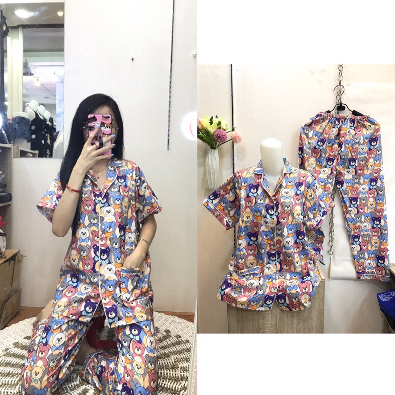 piyama/pajamas motif bear CP blue wanita.bajutidur/homewear/sleepwear CP biru bear wanita murah