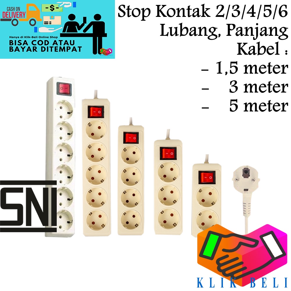 Stop Kontak 2 / 3 / 4 / 5 / 6 Lubang Original SNI Colokan Cok Listrik Full Tembaga Panjang Kabel 1.5 Meter / 3 Meter / 5 Meter / 10 Meter