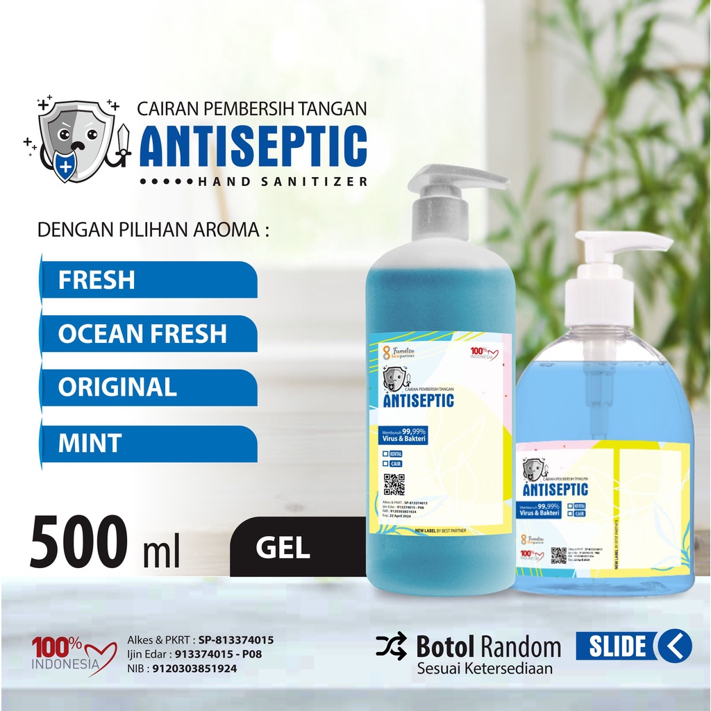 Hand Sanitizer GEL Antiseptic Varian Aroma Buah 500 ml Pump / Aroma Segar  500 ml Botol PUMP