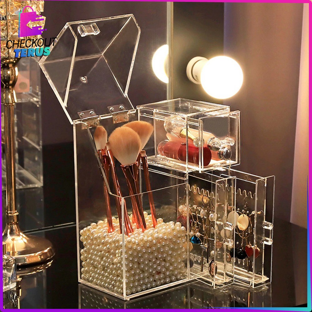 CT K18 Rak Organizer Multifungsi Kotak Penyimpanan Brush Make Up ada Mutiara Rak Anting Acrylic Storage Box Kuas Makeup