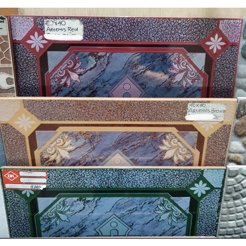 keramik 40x40 lantai teras garasi taman glossy mengkilap licin motif gambar DK artemis red brown gre
