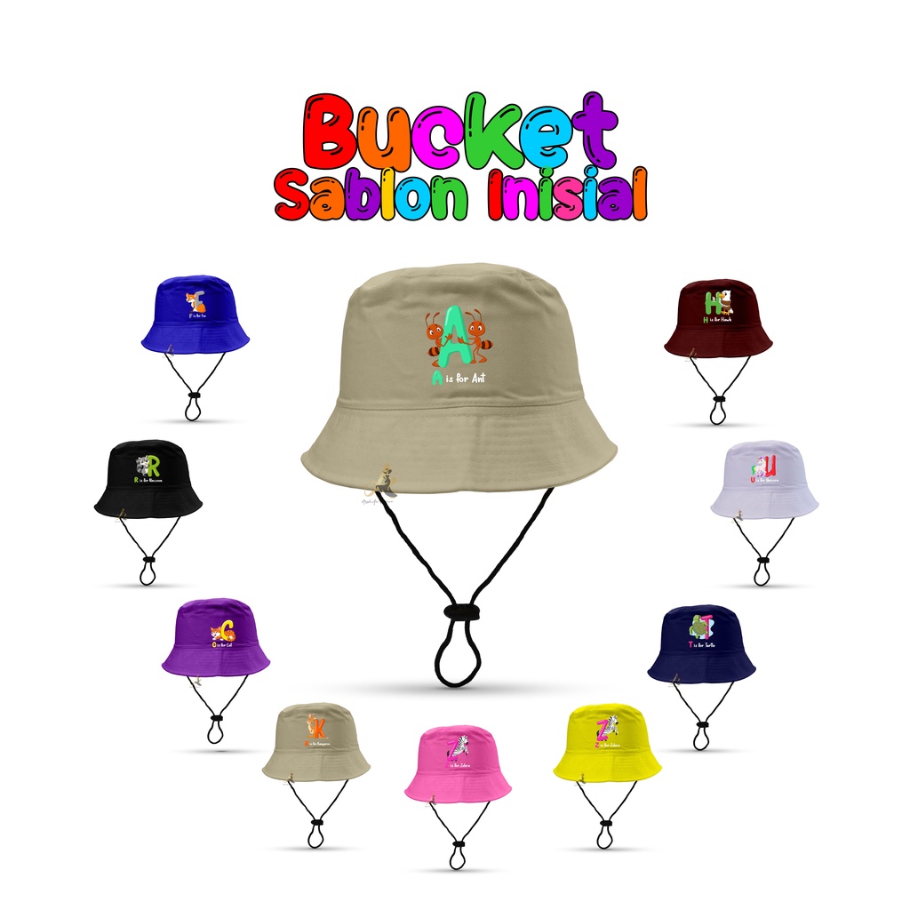 Bucket Anak Sablon Inisial Gambar Hewan / Bucket Anak 2-8 Tahun Alfabet