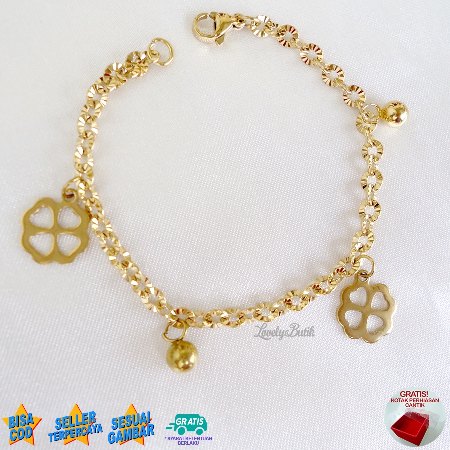 Lovelybutik Gelang Anak Perempuan Titanium Asli Anti Karat Gelang Tangan Anak Bunga Kecil Rantai Nori Donat Ukuran 15 Cm BONUS TEMPAT PERHIASAN