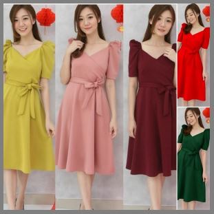 DNCMS MIDI DRESS BEATRICA SCUBA IMPORT BAJU DRES WANITA HIJAU MERAH MAROON KUNING PINK ZORA DENEICOL