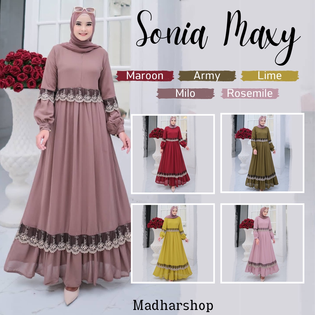 Sonia Dress Gamis Wanita Terbaru 2022 Kekinian Original Mewah Busui Jumbo Bahan Ceruty Baby Doll Aksen Renda Premium Import Full Furing Fit to XL Terbaru / Baju Kondangan Pesta Wanita Muslim Remaja Dewasa Polos Simple Kekinian / Maxy Dress Korean Style