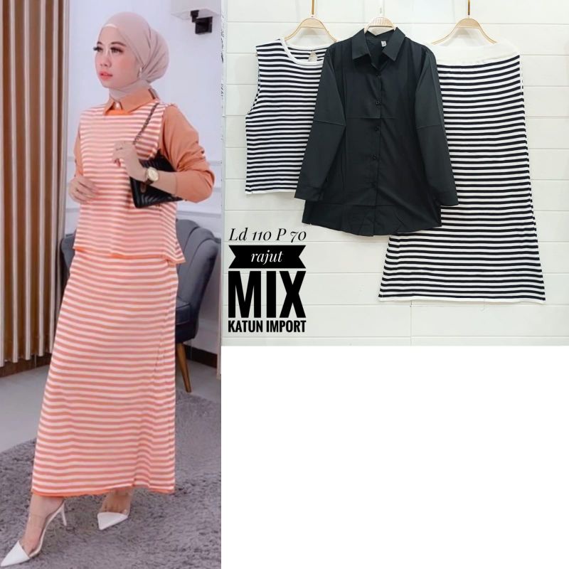 Setelan rok rajut salur 3in1 import