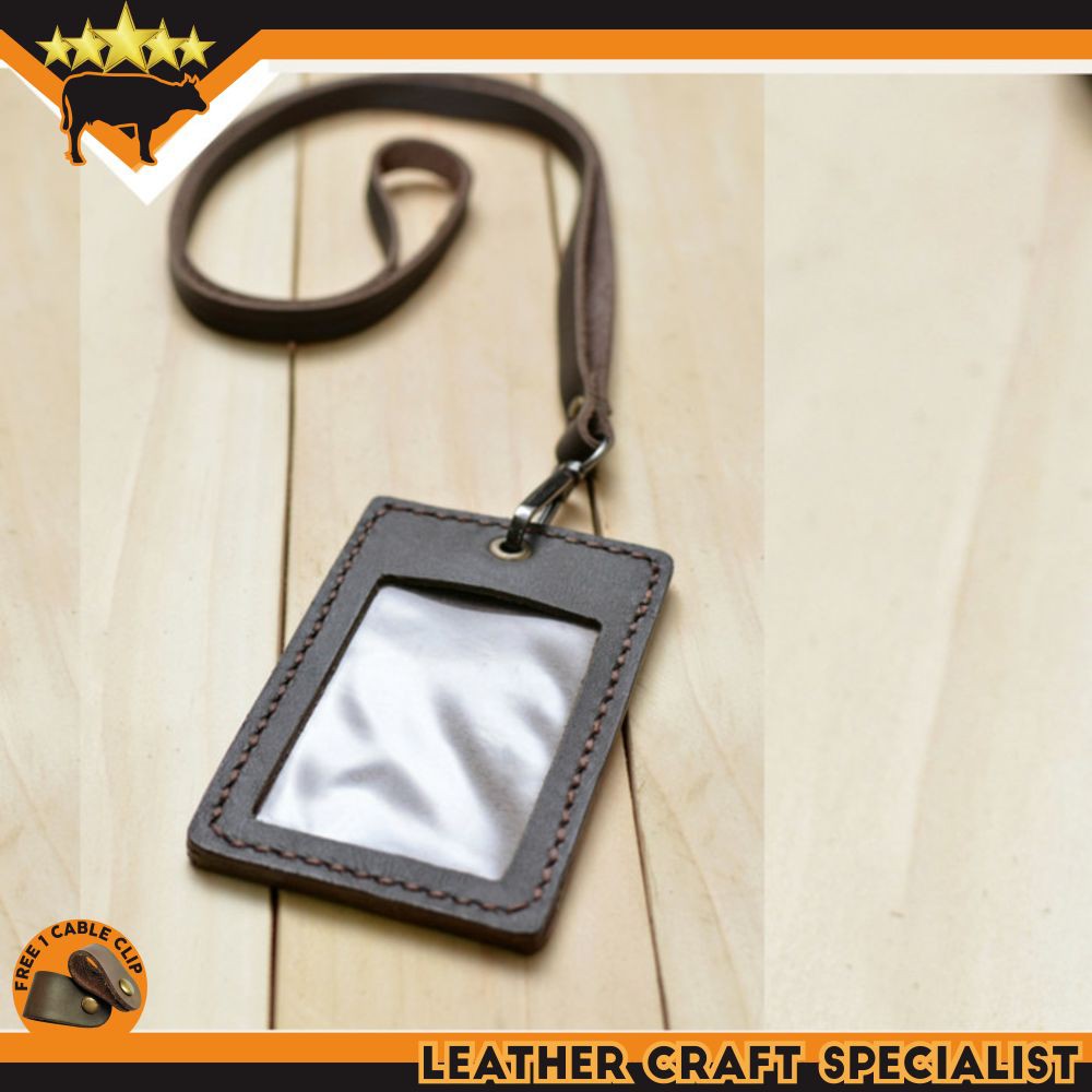 

ID CARD CASE KULIT ASLI HANDMADE, GENUINE LEATHER NAME TAG DARK BROWN PROMO FREE CABLE CLIP