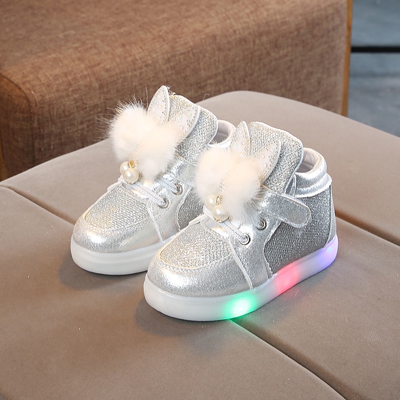 CG LED17-Sepatu LED Anak Perempuan Fur Rabbit Ear