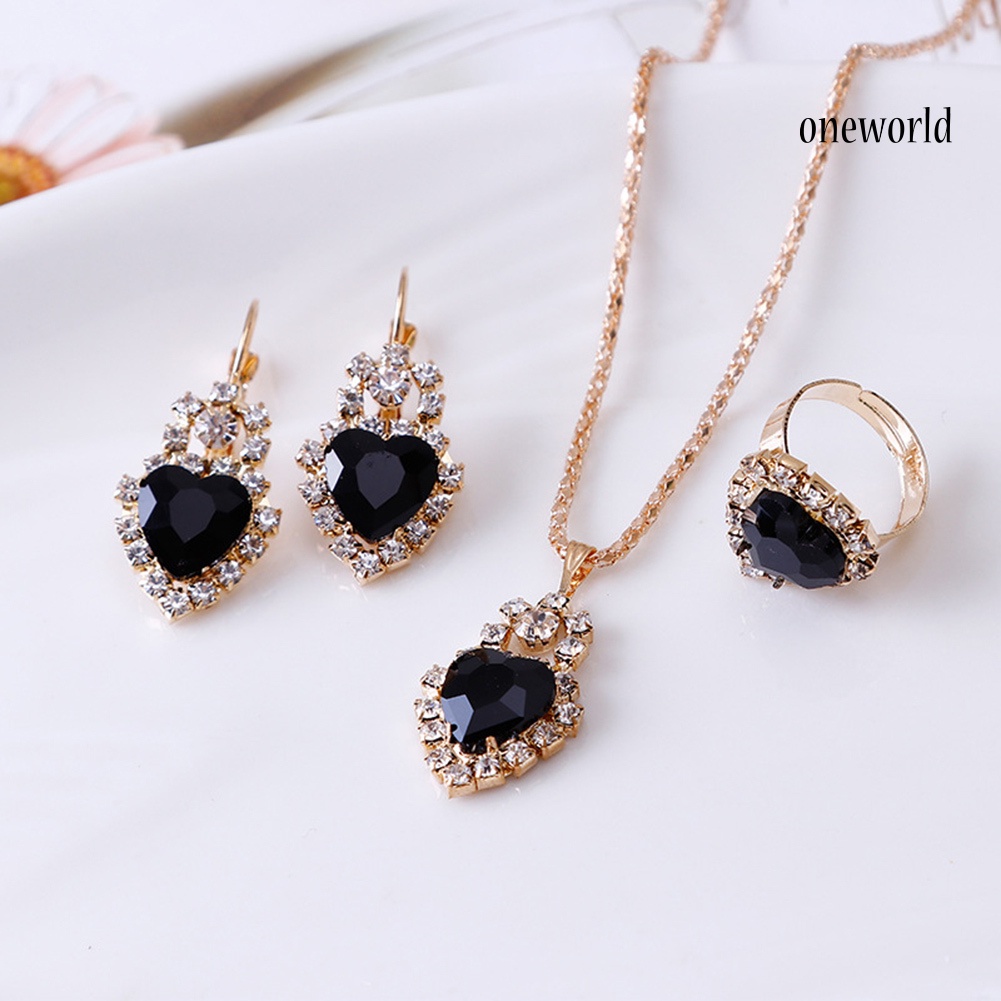 OW@ Women Heart Shape Rhinestone Pendant Necklace Lever Back Earrings Ring Jewelry