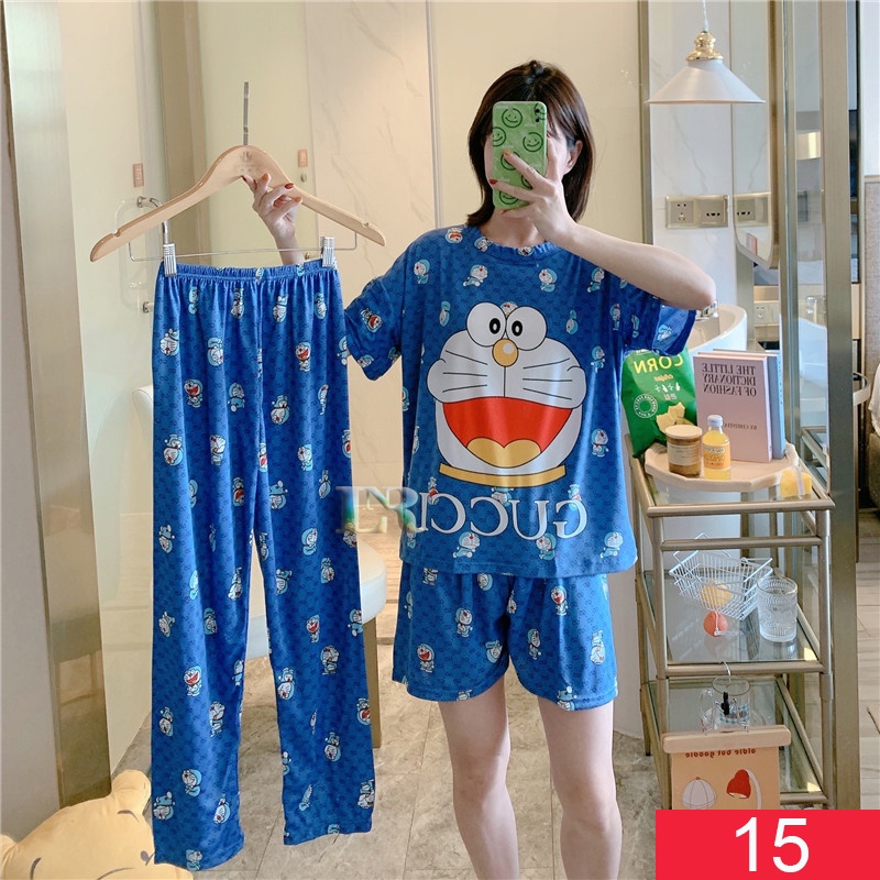 Baju Tidur Setelan Tiga Potong Celana Panjang + Pendek Piyama Wanita Dewasa 3 Potong pcs Kimono Lengan Pendek All Size Kimono Mickey Minnie Mouse