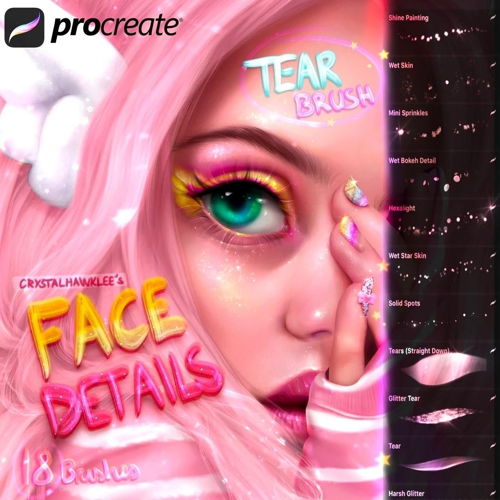 Procreate Brush - 230+ Jewelry, Eyelashes, Glossy Lips, Glitter, Face Details &amp; Glow Brushset