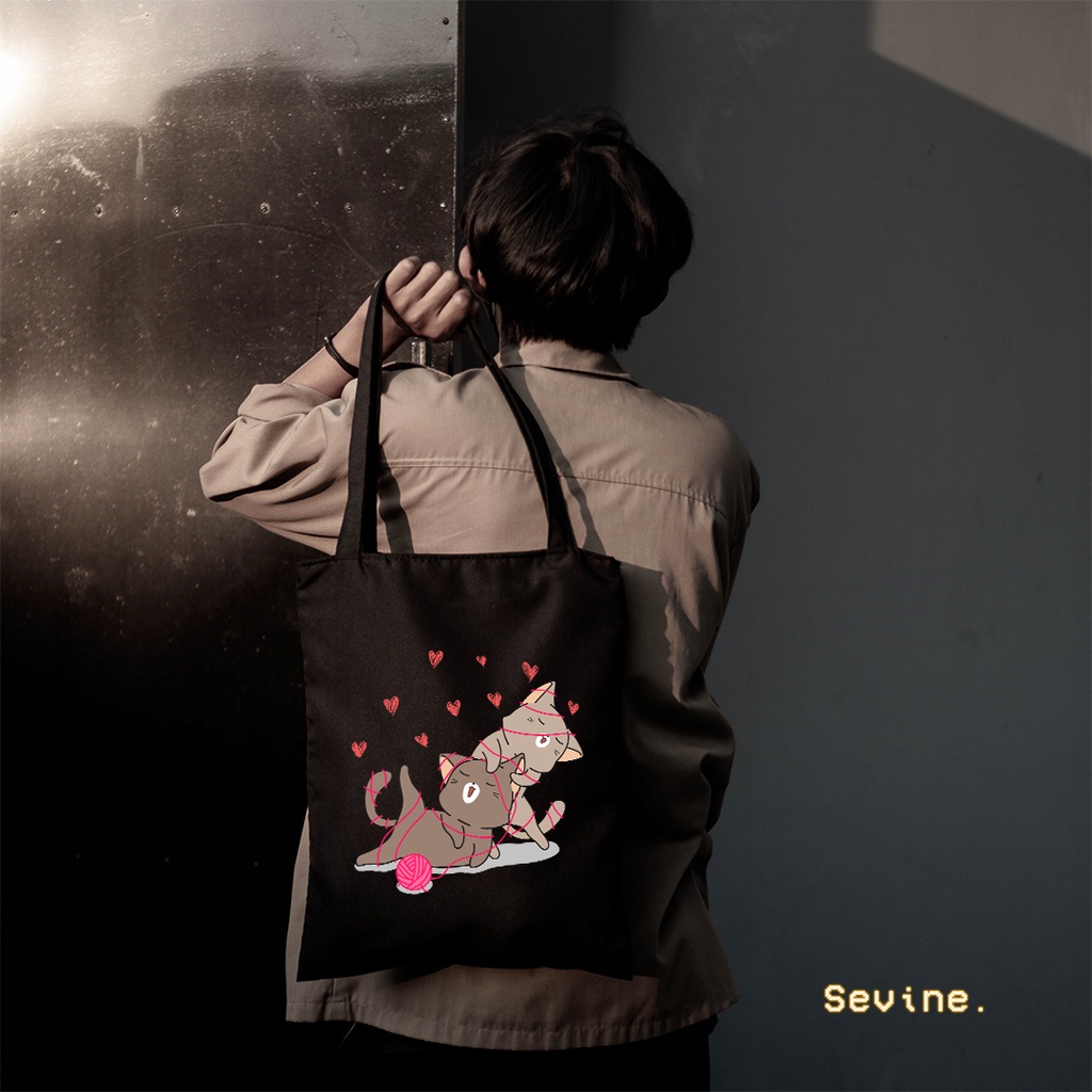 Sevine Totebag Tas Wanita Tote Bag Resleting Cute Cat Black Series Hitam - CSL8