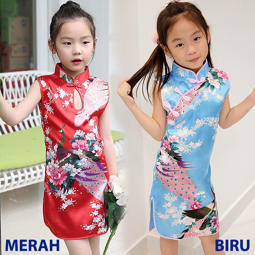 Cheongsam China Anak Perempuan Flower Peacock