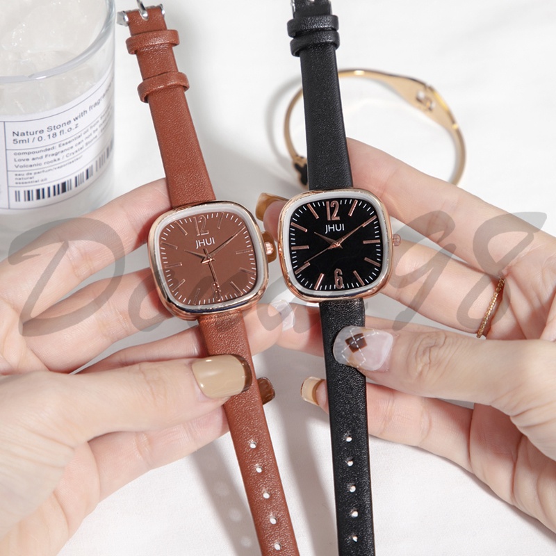 Jam Tangan Analog Wanita Quartz Jhui Casual Fashion Tali Pu Leather Dial Kotak Besar