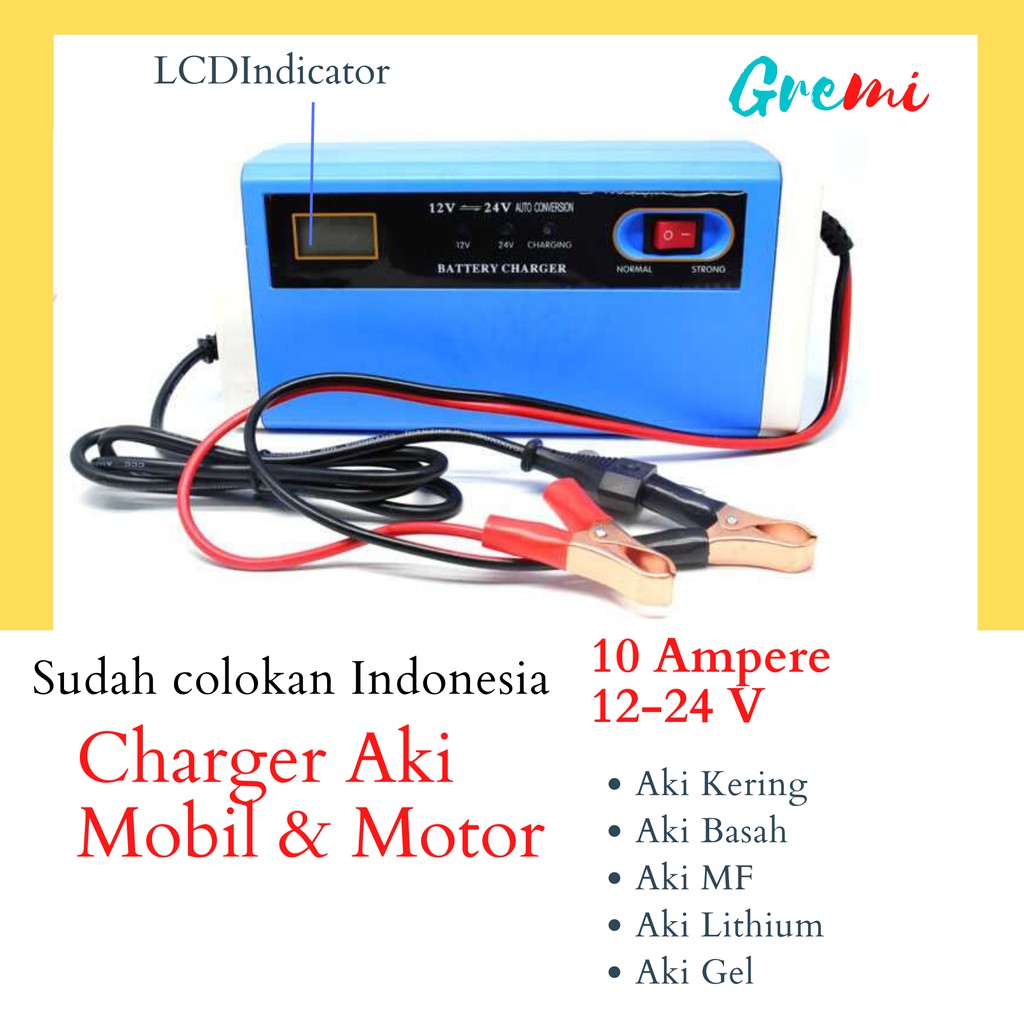 Charger Aki Portable 10A 12V 24V Casan Accu Motor Mobil