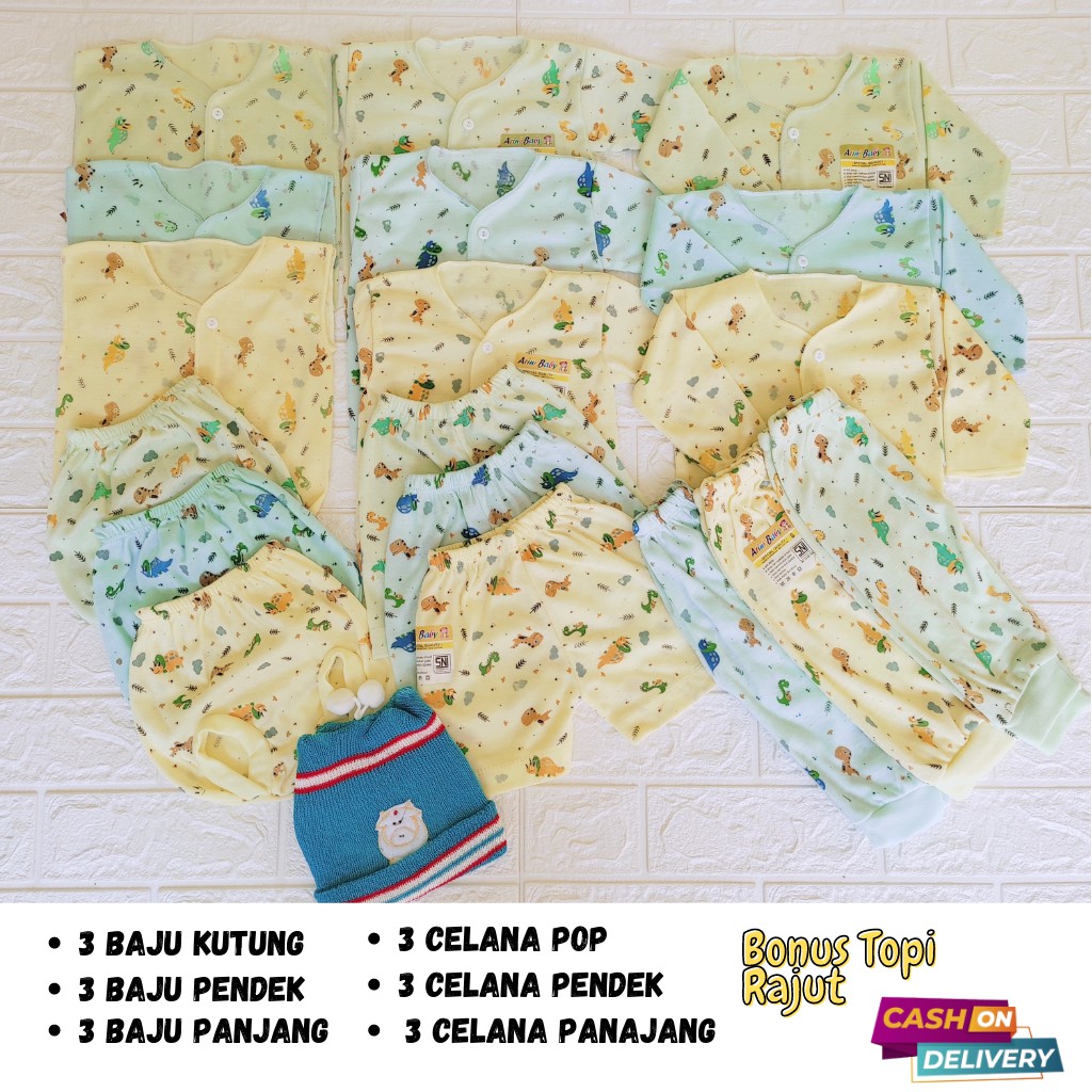 Paket Lengkap Hemat Baju Celana Bayi Baru Lahir Motip Dino Terkini 18 Pcs merk SNI