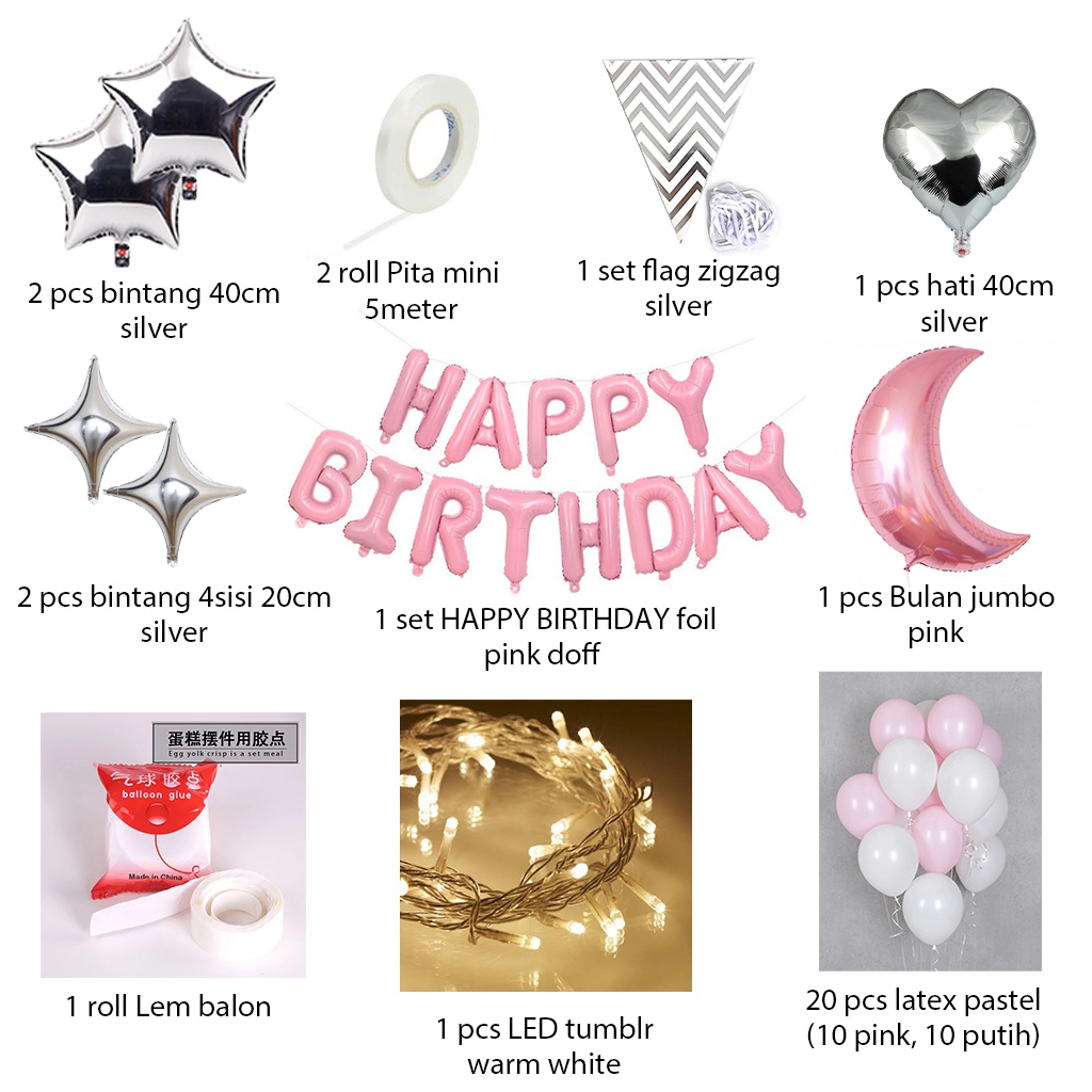 [PAKET] BIRTHDAY Set FLAG MOON PINK SILVER Dekorasi Pesta Backdrop Ulang Tahun