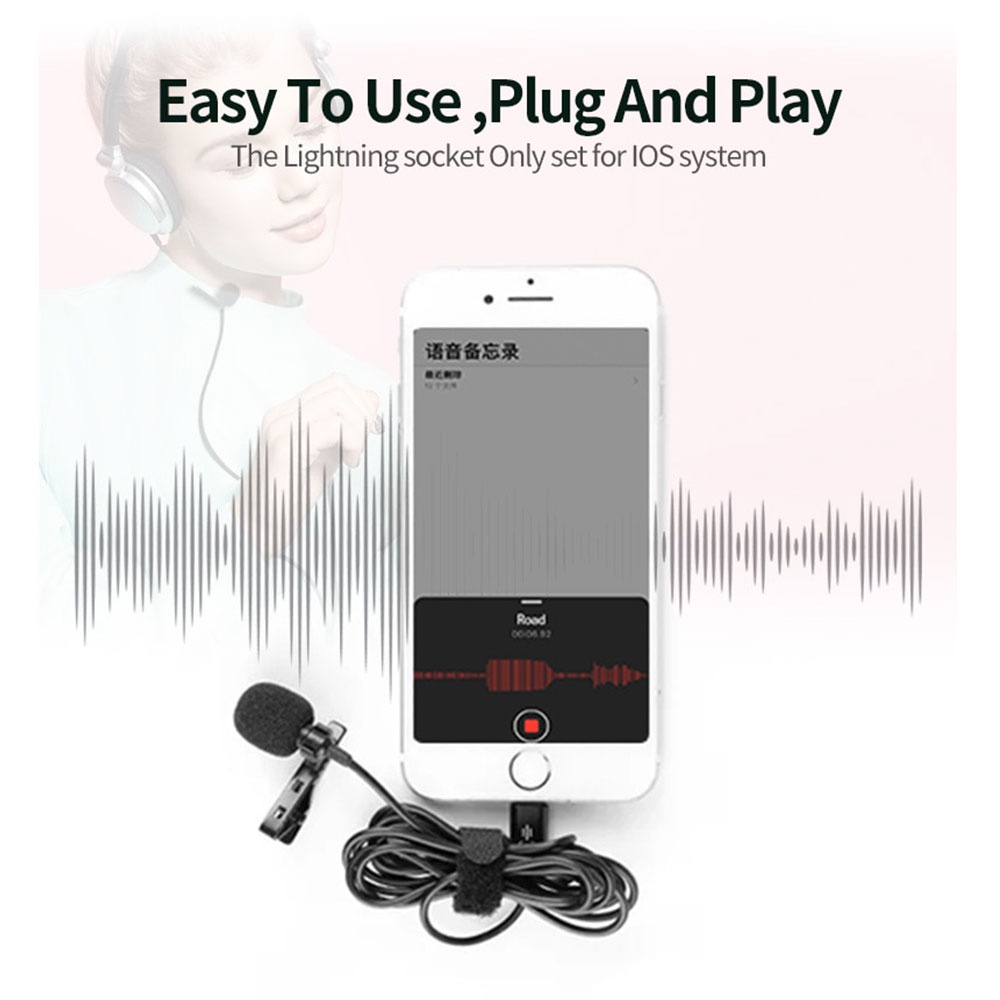 Microphone mic smule dan podcast Clip-on Lightning Plug Kabel 1.5 M Untuk Smartphone