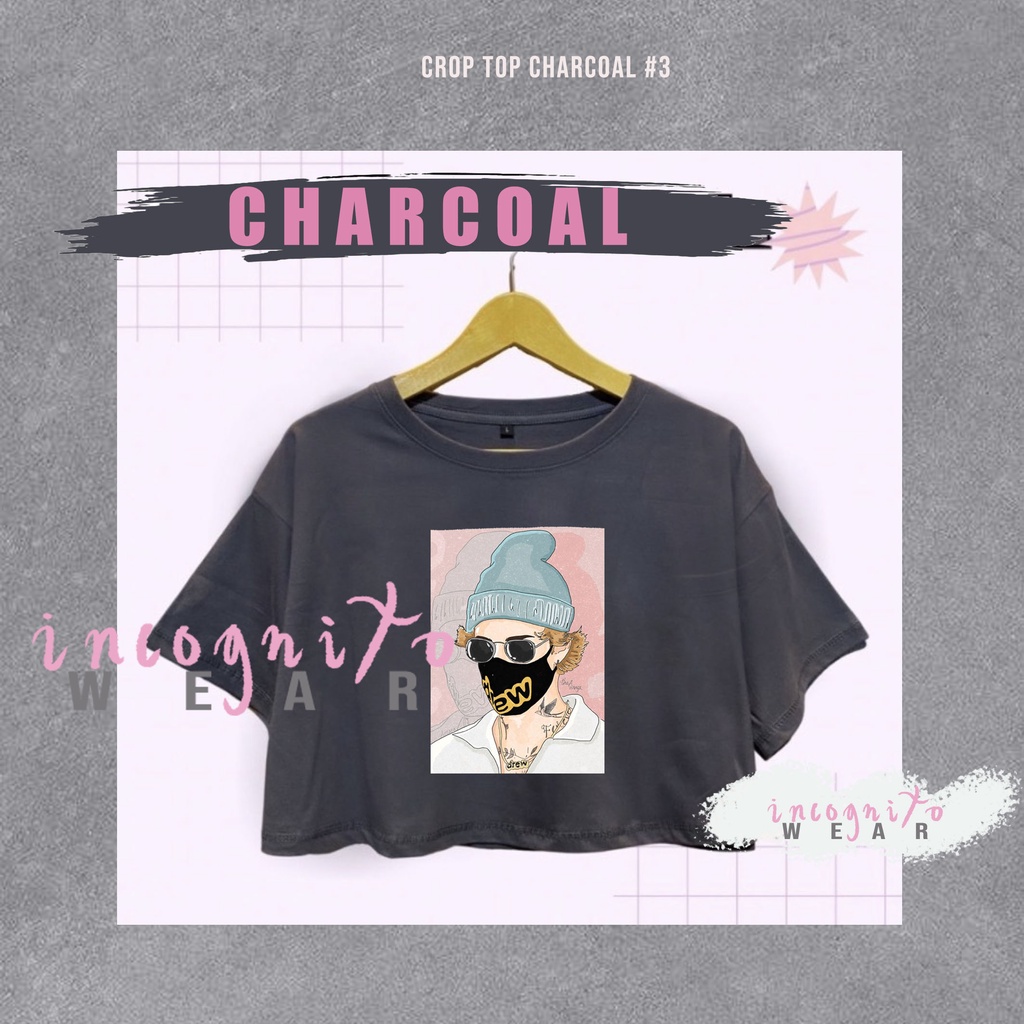 Kaos Crop Top Justin Bieber Oversize - Justin Bieber Croptop Tshirt CHARCOAL