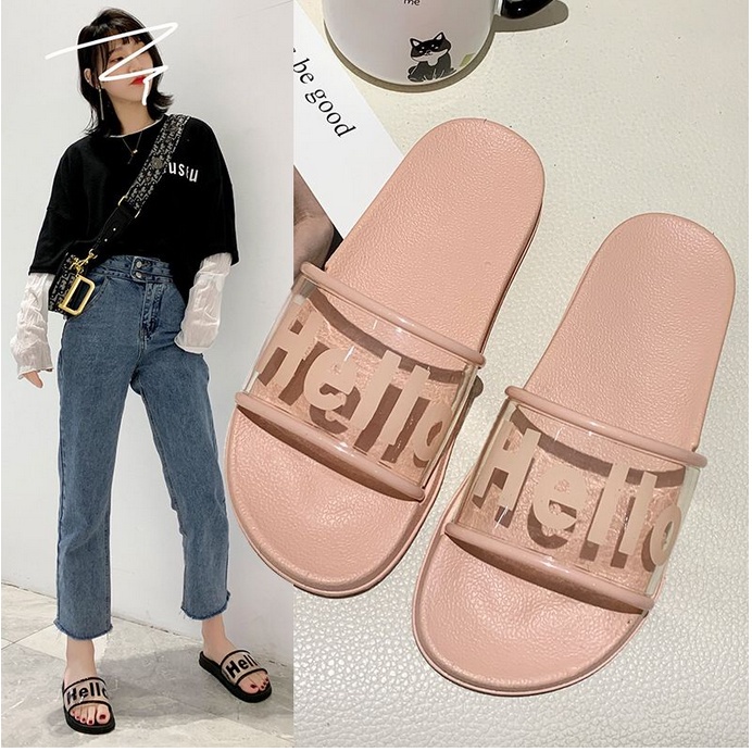 ONLYONE12 Sandal Jelly VIRAL !!! Sandal Wanita Slop Tulisan Hello / Sandal Slip On Cewek / Sandal Slop Karet Korea / Sendal Santai Rumahan