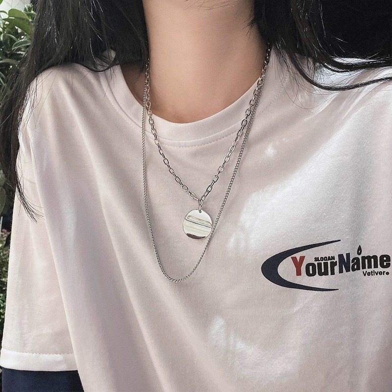 Kalung Rantai Klavikula Hias Liontin Lingkaran 2 Lapis Bahan Logam Warna Emas Perak Gaya Hip Hop Punk Untuk Wanita