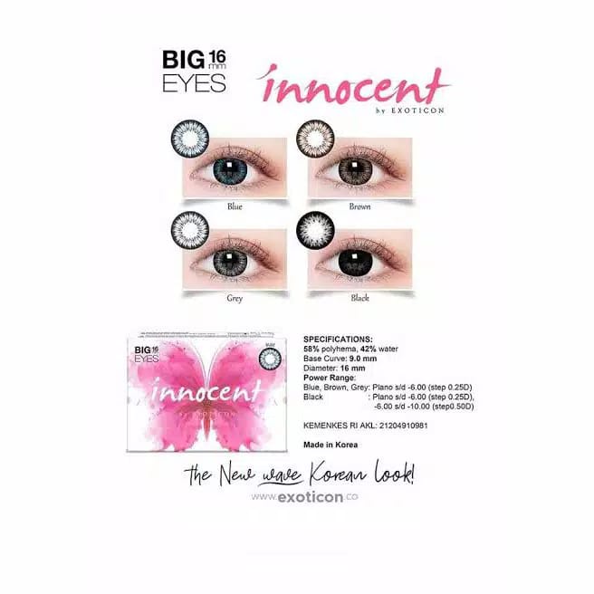 SOFTLENS INNOCENT MINUS -3.25 sd -6.00 FREE LENSCASE DIA 16MM BIG EYES BLACK GREY BROWN BLUE BY EXOTICON / Softlen Soflen Soflens