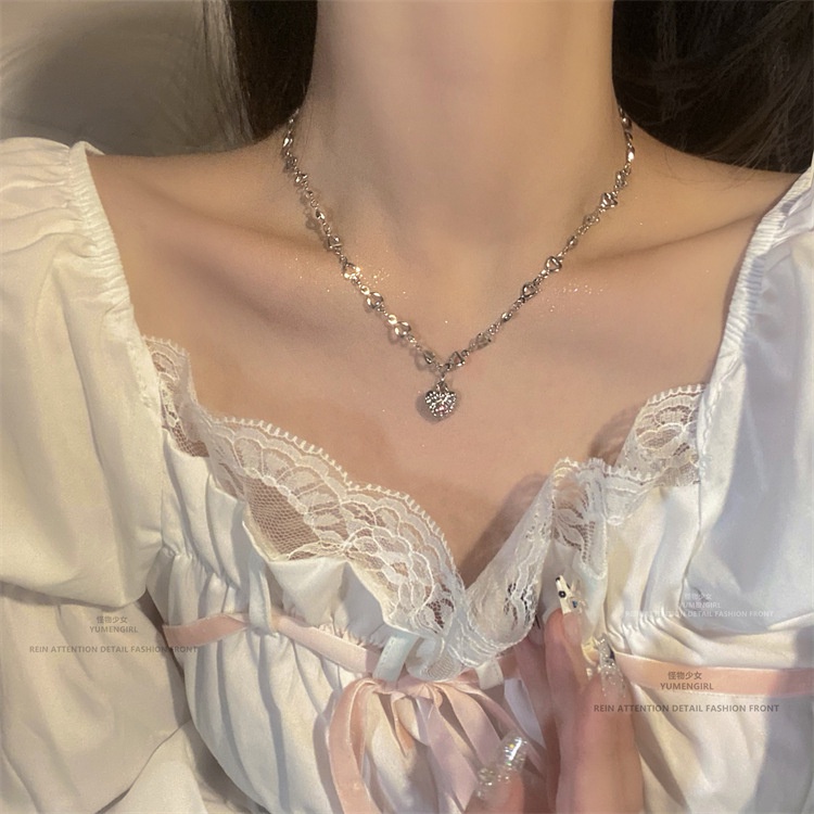 Kalung Rantai Choker Liontin Hati Kupu-Kupu Cherry Aksen Kristal Mutiara Untuk Wanita