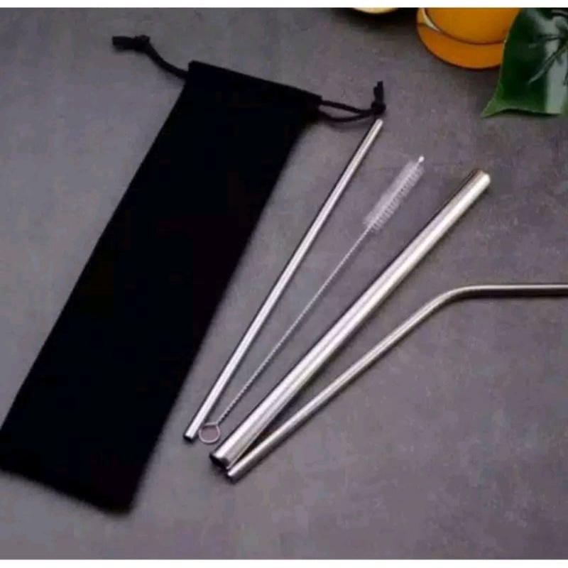 SEDOTAN STAINLESS 5 in 1 Steel Reusable Straw Sedotan Minuman Bahan Stainless 1set Lengkap HL0067