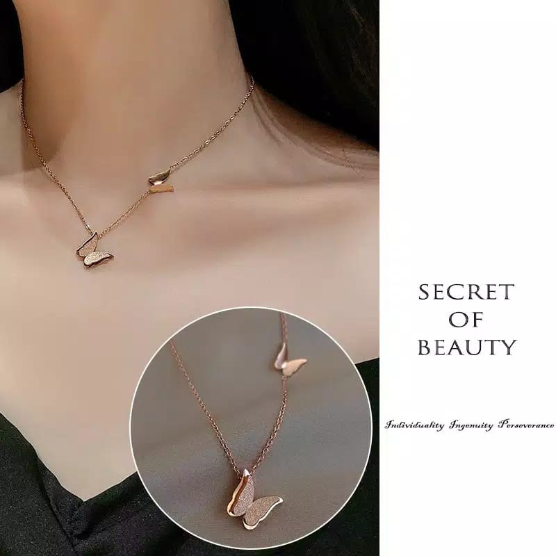 Kalung Rantai liontin Kupu - kupu Titanium Rose Gold