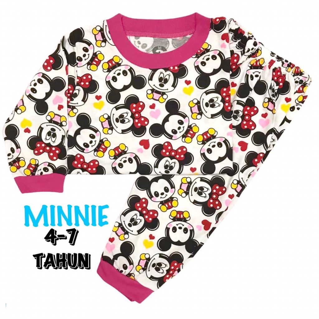 (1 KG MUAT 6 STEL) BAJU TIDUR ANAK KIDS PEREMPUAN/CEWEK SETELAN BAHAN KAOS KATUN 4-7 TAHUN MINIE MOUSE