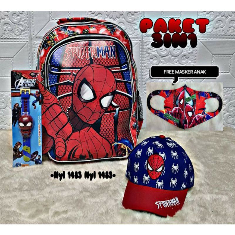 Tas ransel Sekolah anak SD motif superhero 3D Murah lebay/gratis jam tangan dan topi masker