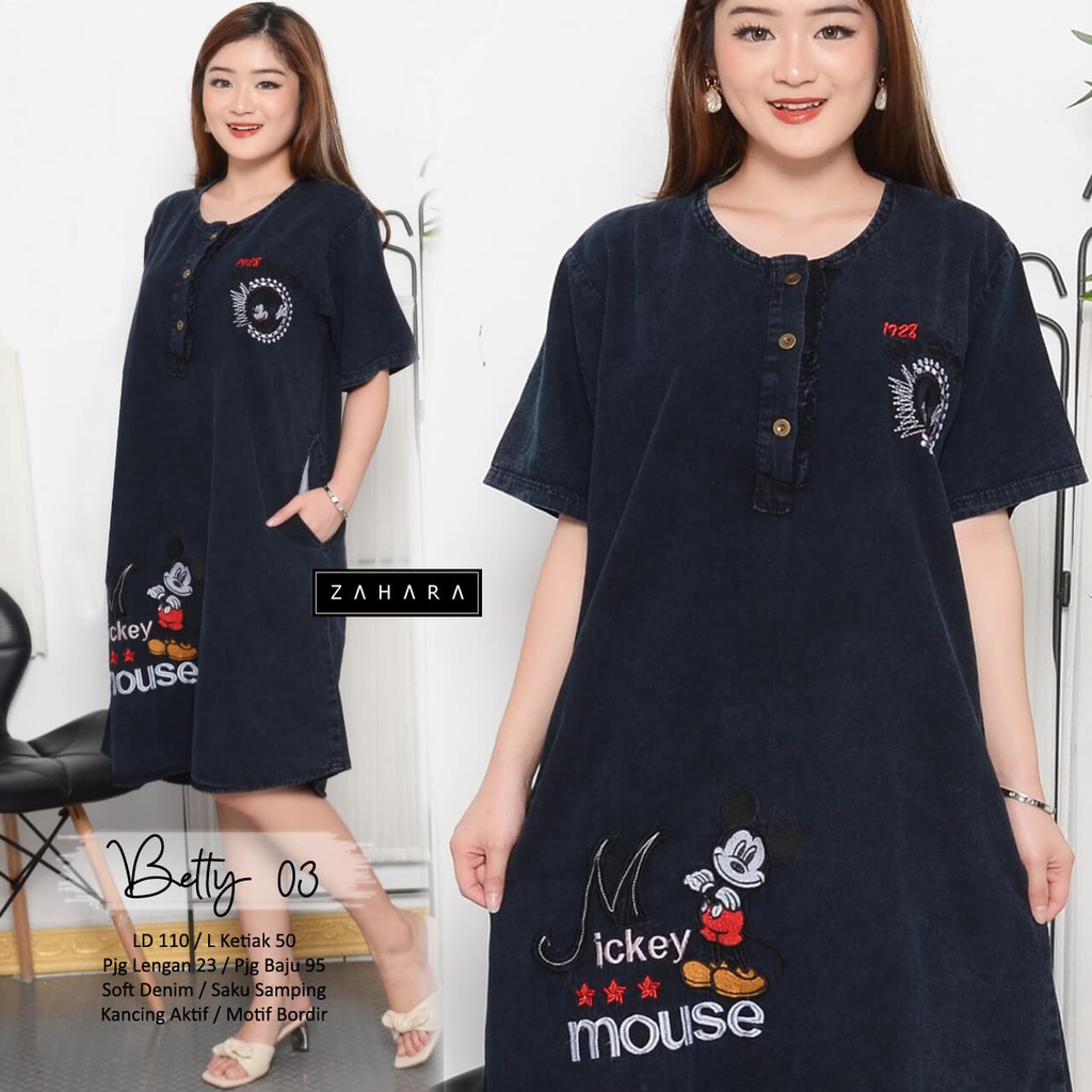 Betty 03 Daster Jeans Wanita Motif Bordir LD 110 cm Kancing Depan Homedres Pendek Remaja Wanita Soft