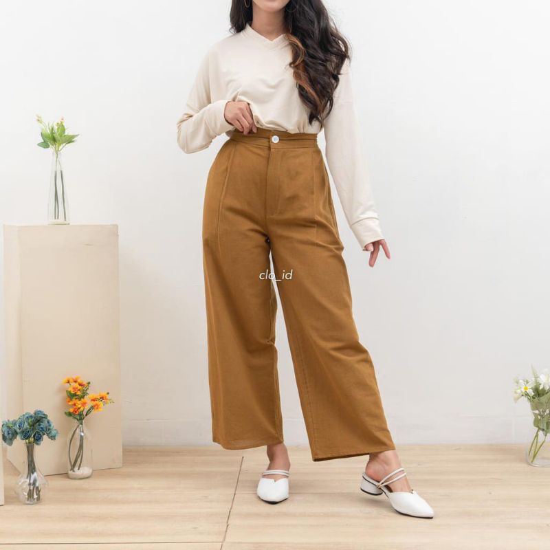 Celana Kulot Highwaist Bahan Rami Linen Wide Leg Cullotes 2950