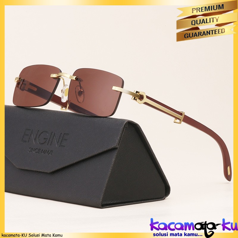 Kacamata Sunglasses Fremeless Rimless Bor Pria Wanita Wood Gold Brown Vintage